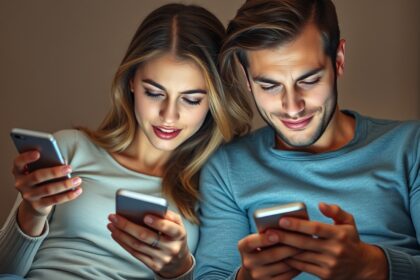 Pár telefonokkal a kezükben, közösen használják a Facebookot.