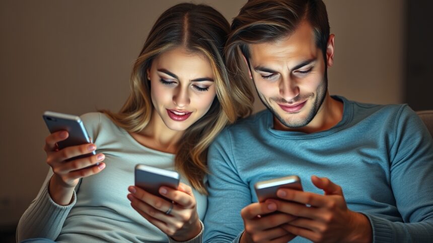 Pár telefonokkal a kezükben, közösen használják a Facebookot.