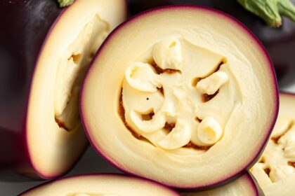 Szeletelt padlizsán, amely bemutatja a zöldség belső részét