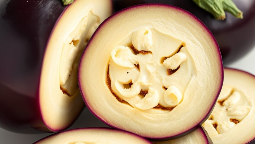 Szeletelt padlizsán, amely bemutatja a zöldség belső részét