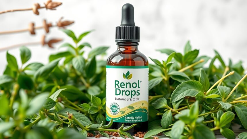 Renol cseppek üveg palack zöld növények között