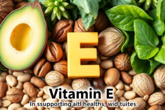 E-vitamin egészséges élelmiszerek, mint avokádó és diófélék.
