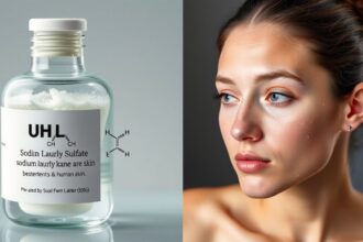 Nátrium-lauril-szulfát üvegpalack és bőr közeli fotója