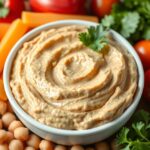 Finom csicseriborsókrém friss zöldségekkel körítve.