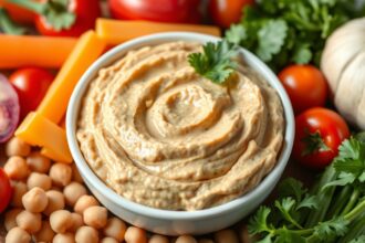 Finom csicseriborsókrém friss zöldségekkel körítve.