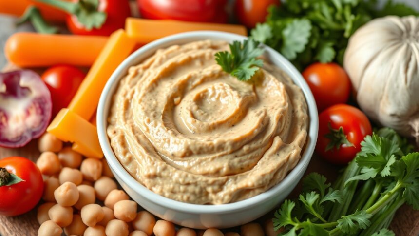 Finom csicseriborsókrém friss zöldségekkel körítve.