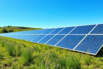 Napenergia panelek zöld mezőn, fenntartható energia megoldás.