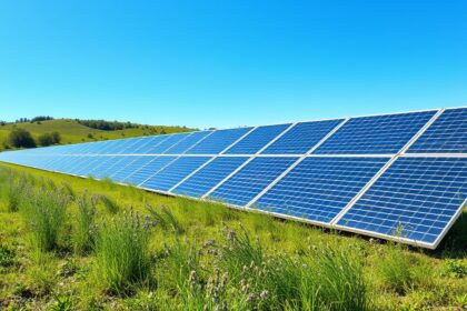 Napenergia panelek zöld mezőn, fenntartható energia megoldás.