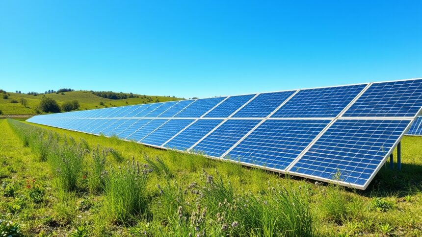 Napenergia panelek zöld mezőn, fenntartható energia megoldás.