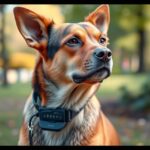 Egy kutya elektromos nyakörvvel, figyelmes arccal a parkban.