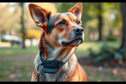 Egy kutya elektromos nyakörvvel, figyelmes arccal a parkban.