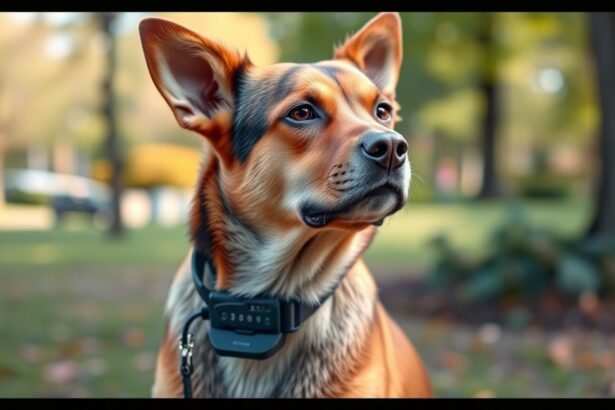 Egy kutya elektromos nyakörvvel, figyelmes arccal a parkban.