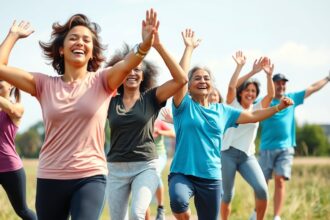 Nők és férfiak, akik boldogan foglalkoznak testmozgással a szabadban.