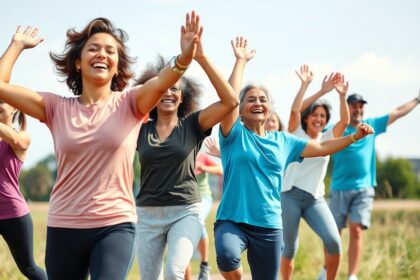 Nők és férfiak, akik boldogan foglalkoznak testmozgással a szabadban.