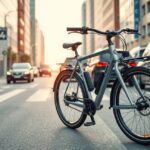 Elektromos kerékpár városi környezetben, napsütéses időben.