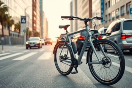 Elektromos kerékpár városi környezetben, napsütéses időben.