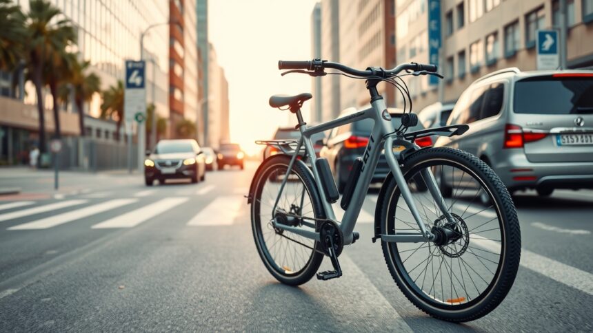 Elektromos kerékpár városi környezetben, napsütéses időben.