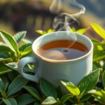 Friss yerba mate tea gőzölög egy bögre zöld levelek között.