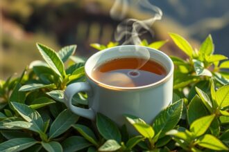 Friss yerba mate tea gőzölög egy bögre zöld levelek között.