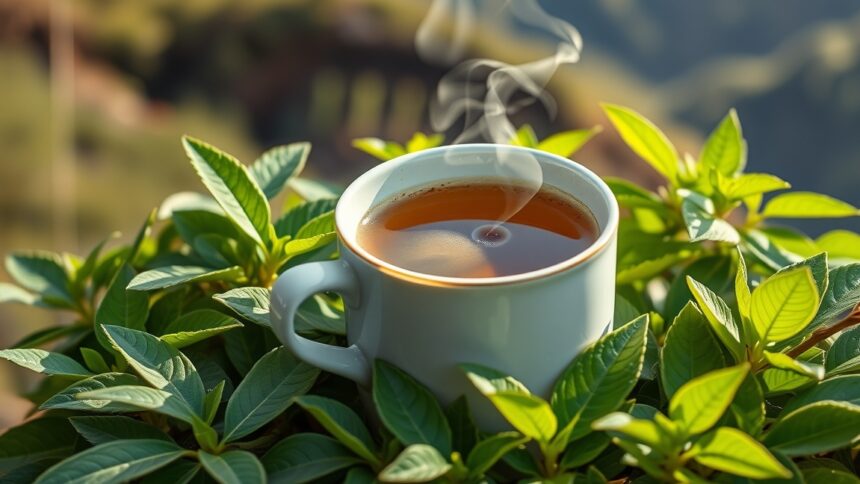 Friss yerba mate tea gőzölög egy bögre zöld levelek között.