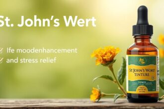 Orbáncfű tinktúra üveg és virágok