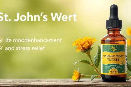 Orbáncfű tinktúra üveg és virágok