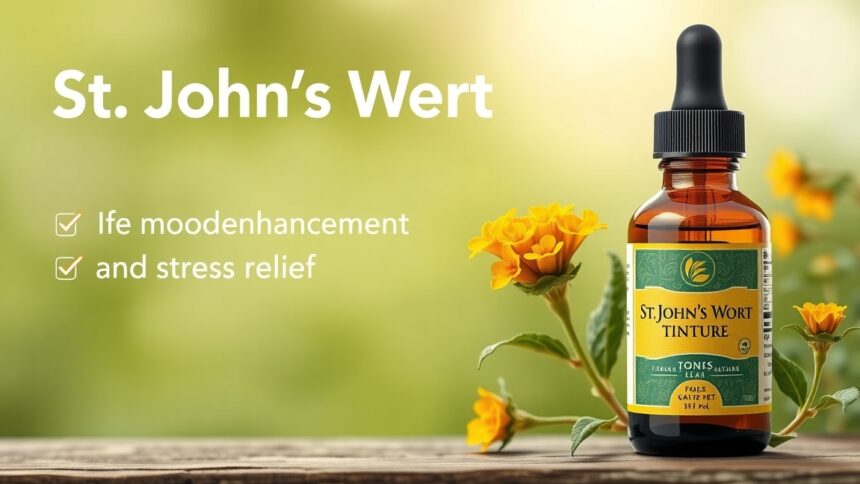 Orbáncfű tinktúra üveg és virágok