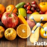 Fruktóz molekula gyümölcsökkel körülvéve, amelyek egészségügyi előnyöket nyújtanak