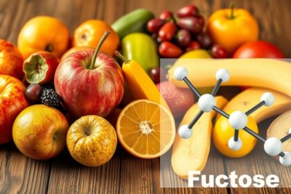 Fruktóz molekula gyümölcsökkel körülvéve, amelyek egészségügyi előnyöket nyújtanak