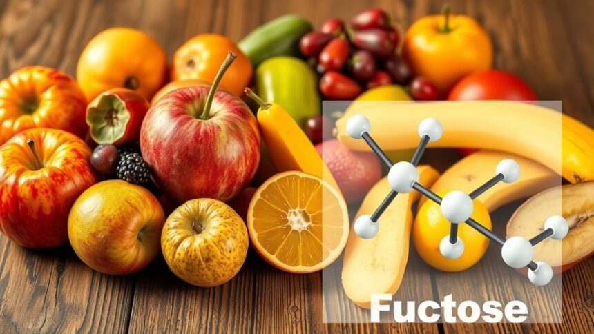 Fruktóz molekula gyümölcsökkel körülvéve, amelyek egészségügyi előnyöket nyújtanak