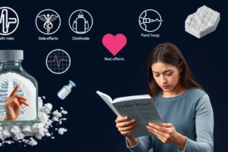 Nő olvas egy cikket a dextróz egészségügyi kockázatairól és mellékhatásairól.