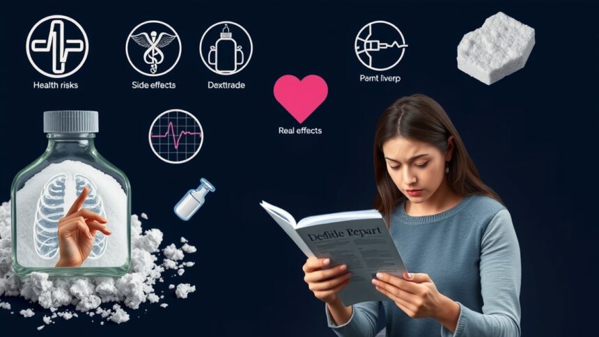 Nő olvas egy cikket a dextróz egészségügyi kockázatairól és mellékhatásairól.