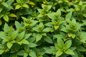 Zöld rezeda levelek szoros csoportban, természeti háttérrel.