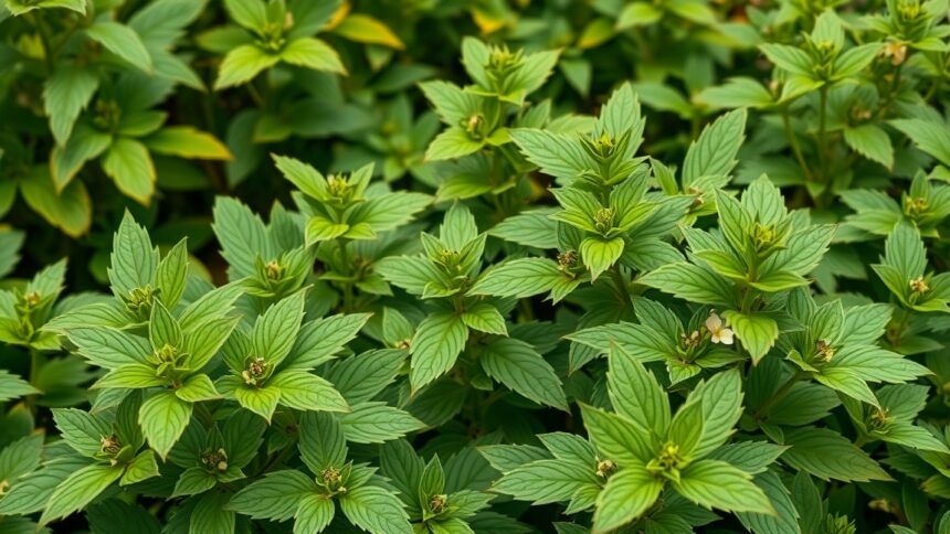 Zöld rezeda levelek szoros csoportban, természeti háttérrel.