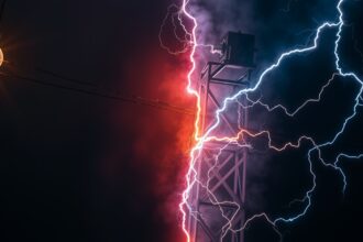Villamos áram és viharos égbolt, fény és veszély kontrasztja
