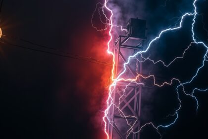 Villamos áram és viharos égbolt, fény és veszély kontrasztja