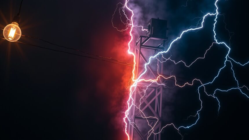 Villamos áram és viharos égbolt, fény és veszély kontrasztja