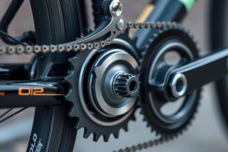 Kerékpárváltó részletei: lánckereket és váltó mechanikát bemutató kép.