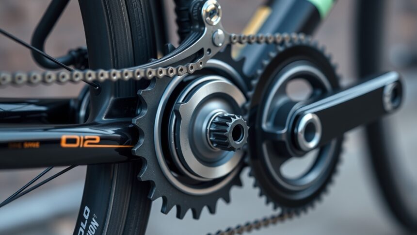 Kerékpárváltó részletei: lánckereket és váltó mechanikát bemutató kép.