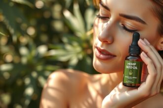 Nő kendermagolajat tart a bőréhez, háttérben növényekkel.