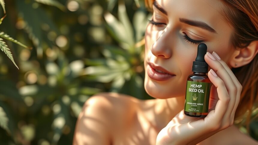 Nő kendermagolajat tart a bőréhez, háttérben növényekkel.