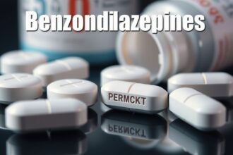 Benzodiazepinek: fehér tabletták és gyógyszeres doboz