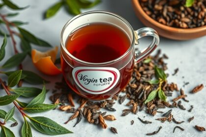 Szűztea Forte tea antioxidánsokkal és friss zöld levelekkel.