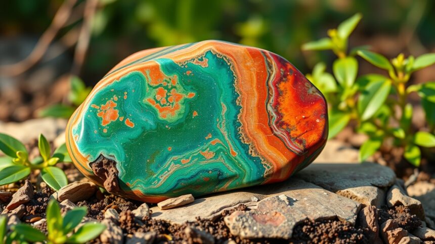 Unakit ásvány a természetben, színei és textúrája látható.