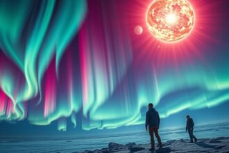 Egy színes aurora borealis a napkitörés hatására.