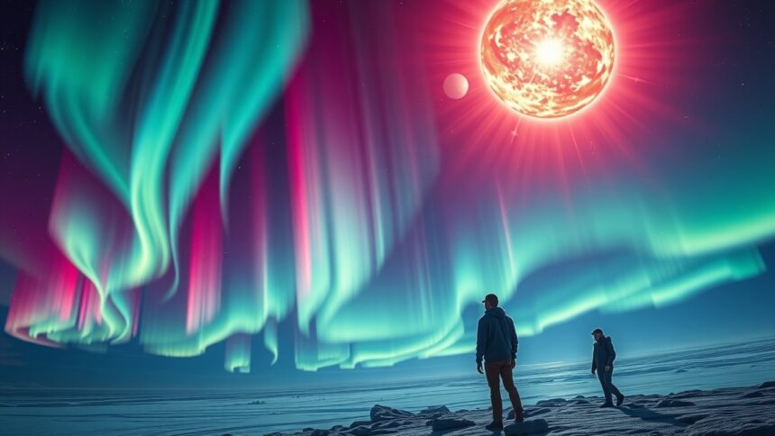 Egy színes aurora borealis a napkitörés hatására.