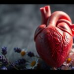 Egy piros szív modell levendula és margaréták között.