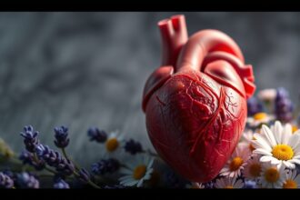 Egy piros szív modell levendula és margaréták között.