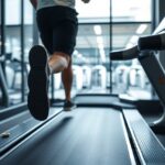 Futópadon edző ember, háttérben modern edzőterem