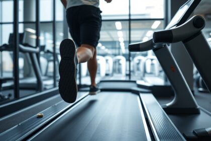 Futópadon edző ember, háttérben modern edzőterem